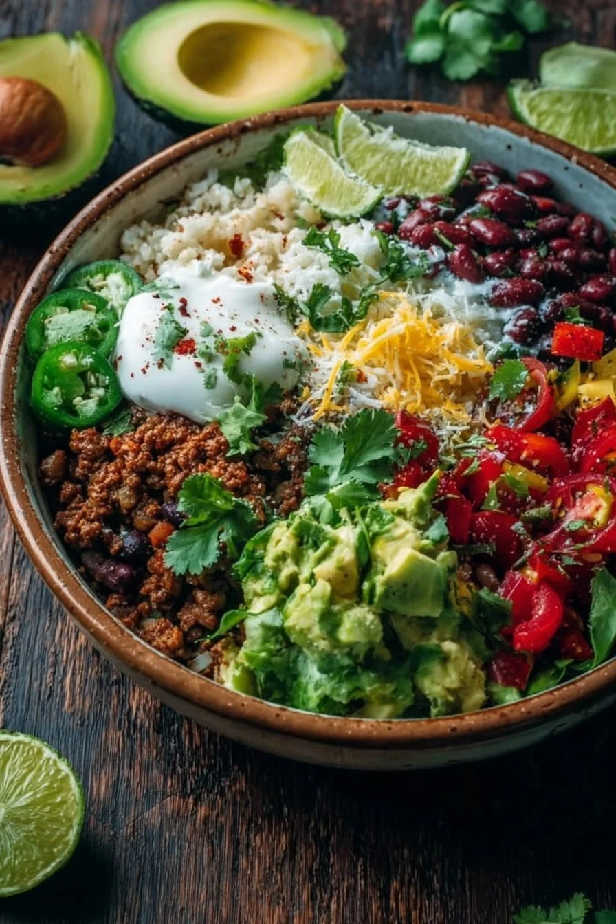 Easy low carb burrito bowl with fresh veggies and toppings