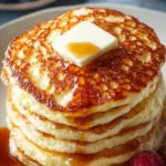Fluffy cottage cheese pancakes stacked on a plate with syrup and berries