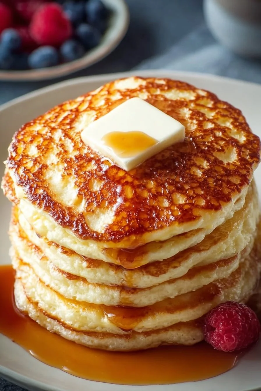 Fluffy cottage cheese pancakes stacked on a plate with syrup and berries