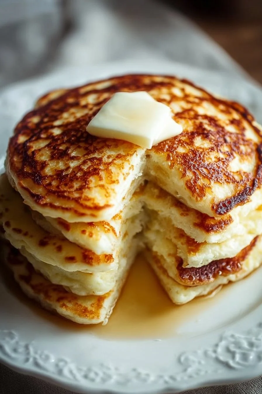 Fluffy cottage cheese pancakes stacked on a plate with syrup drizzled on top