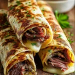 French Dip Tortilla Roll Ups ready to serve, showcasing savory beef and tortillas.