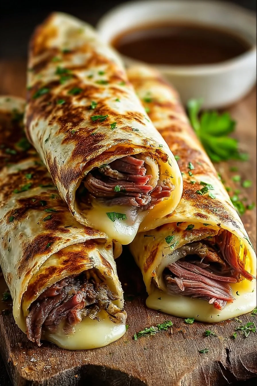 French Dip Tortilla Roll Ups ready to serve, showcasing savory beef and tortillas.