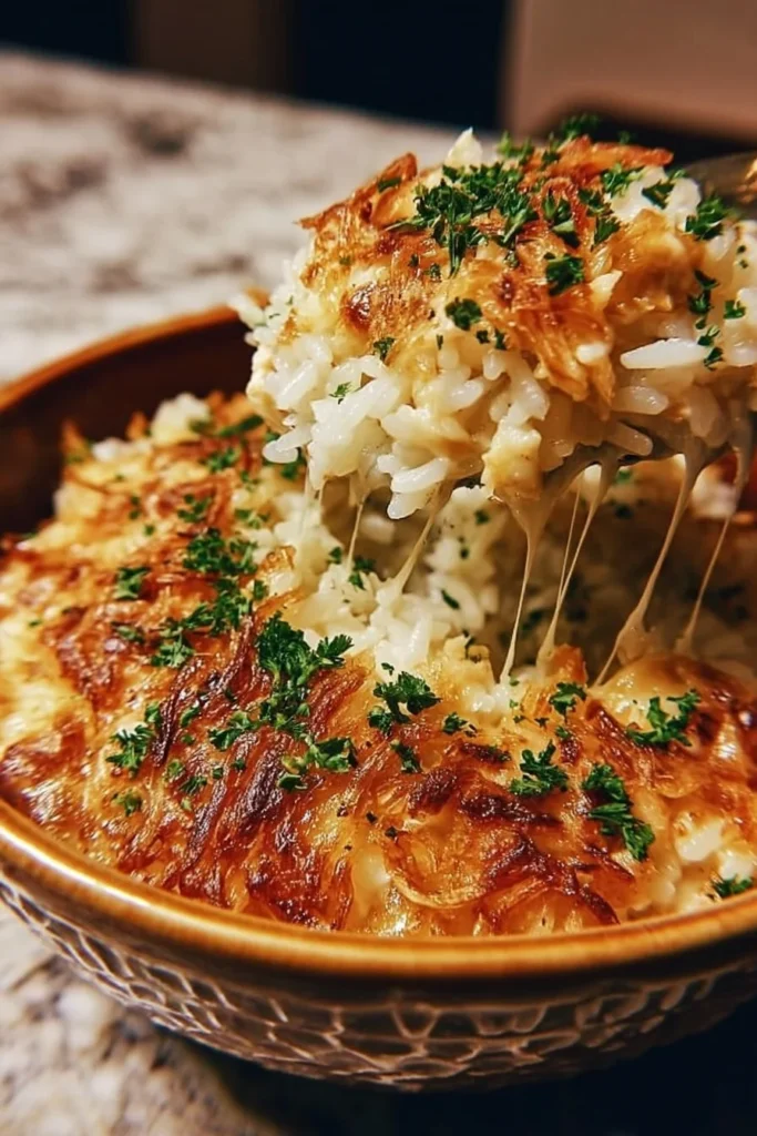 French Onion Chicken Rice Bake topped with melted cheese