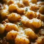 Delicious French Onion Soup Gnocchi served in a bowl with melted cheese