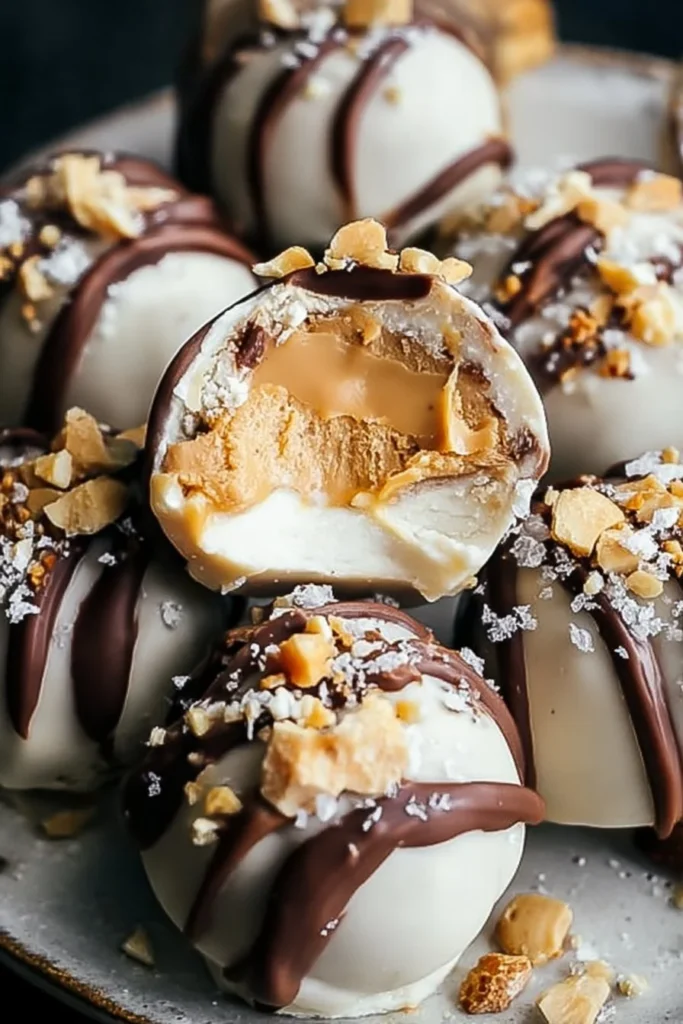 Frozen peanut butter Greek yogurt bites served on a plate.