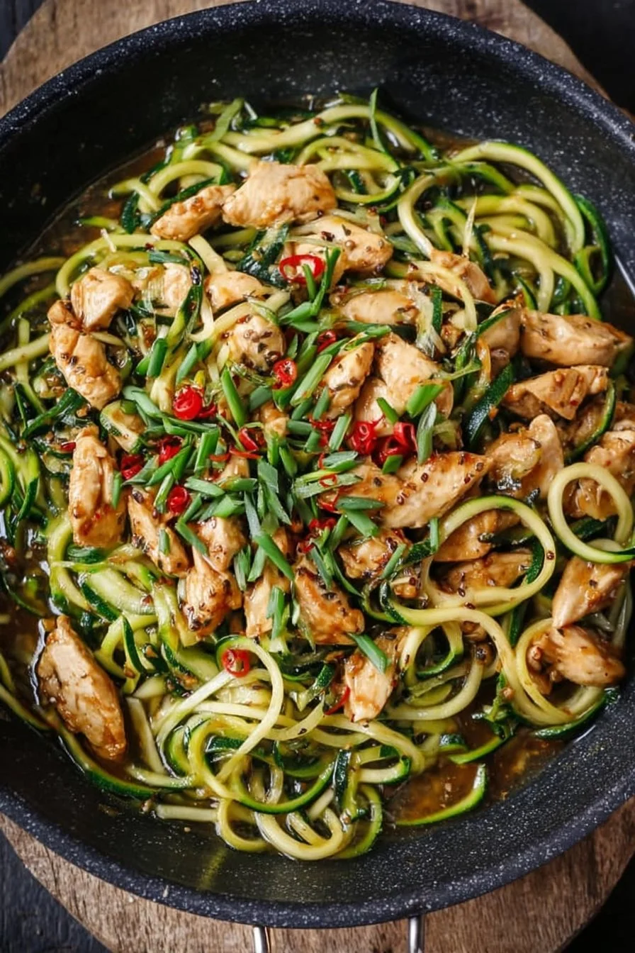 Garlic chicken stir-fry with zucchini noodles in a vibrant skillet.