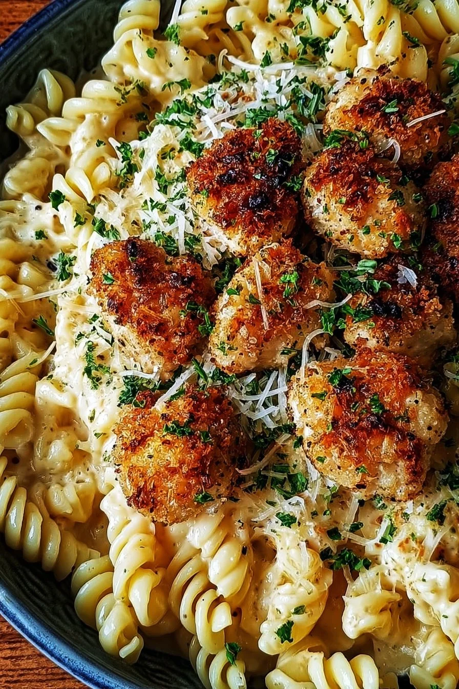 Plate of Garlic Parmesan Chicken Bites with creamy rotini pasta