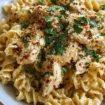 Plate of creamy Garlic Parmesan Chicken Pasta with a sprinkle of parsley.