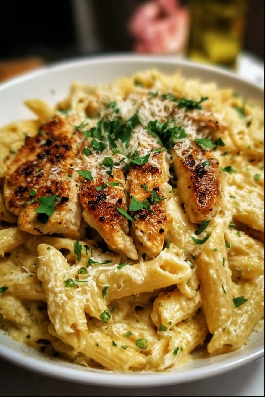 Delicious Garlic Parmesan Chicken Pasta served in a bowl