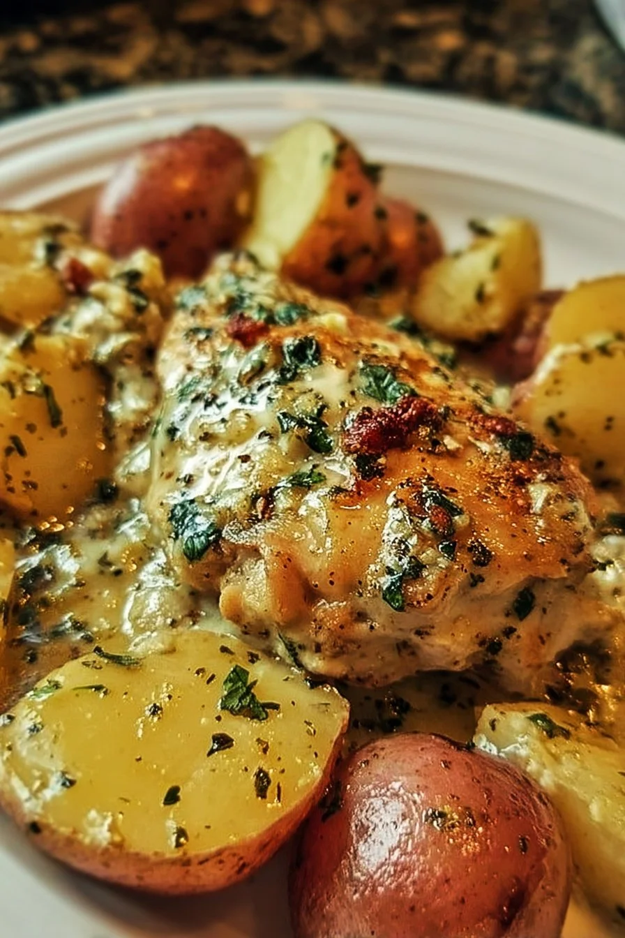 Delicious Garlic Parmesan Chicken with potatoes cooked in a crockpot