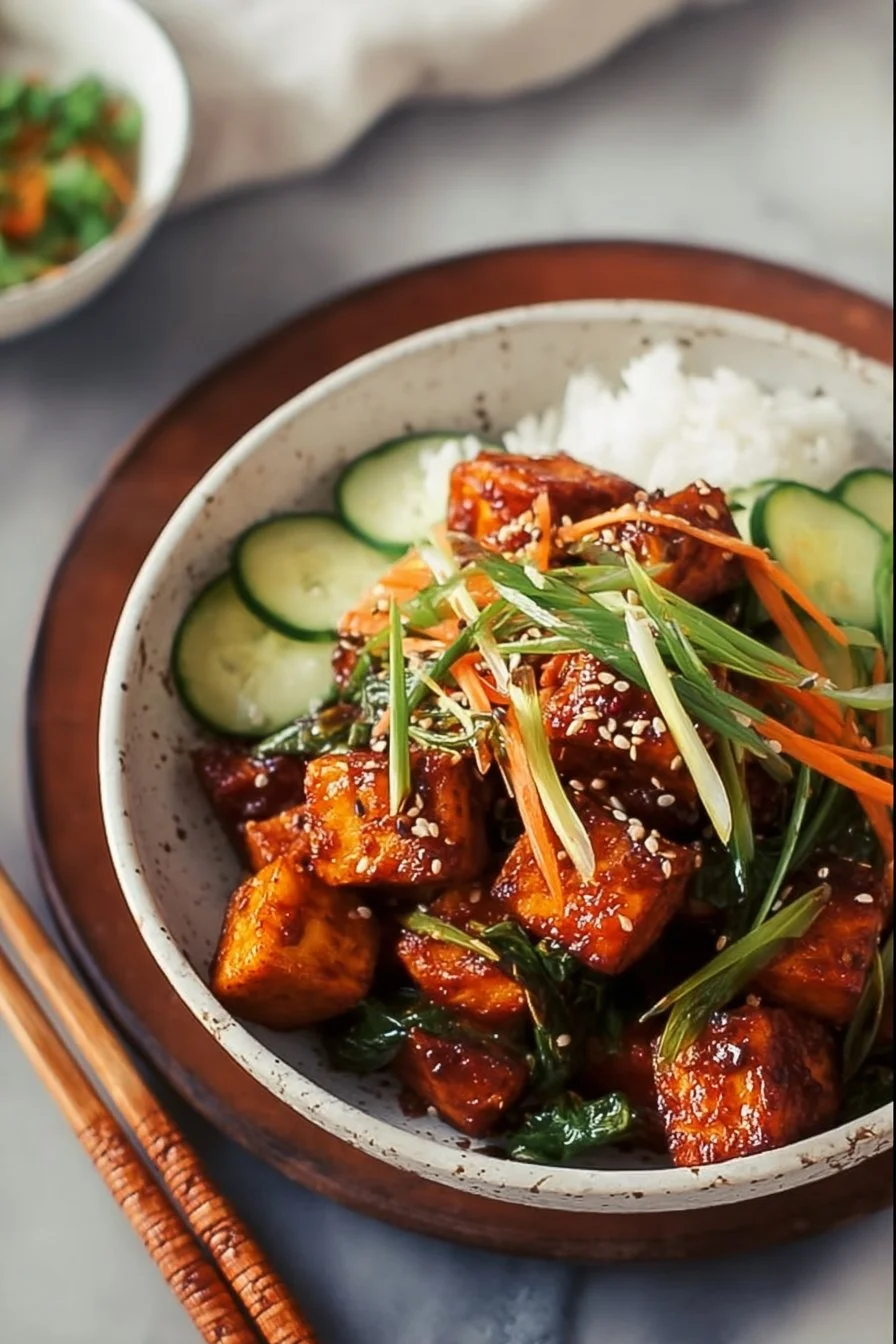 Spicy Gochujang Korean Tofu Stir Fry with vegetables in a colorful bowl