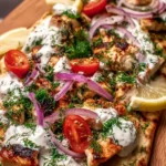 Greek Chicken Flatbread with fresh ingredients and herbs