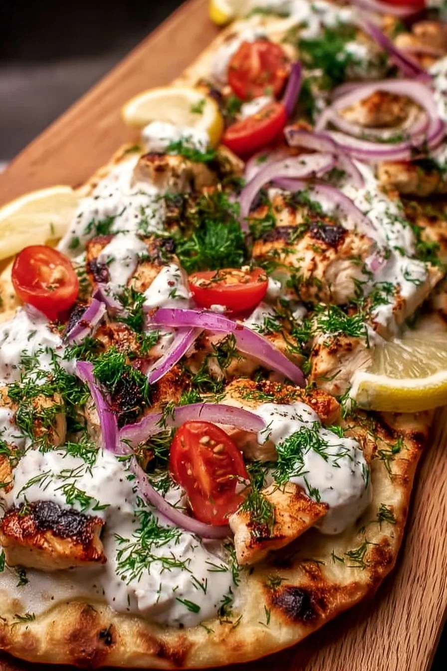 Greek Chicken Flatbread with fresh ingredients and herbs