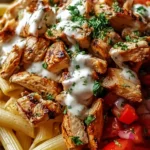 Delicious Greek Chicken Gyro Pasta served in a bowl with fresh ingredients.
