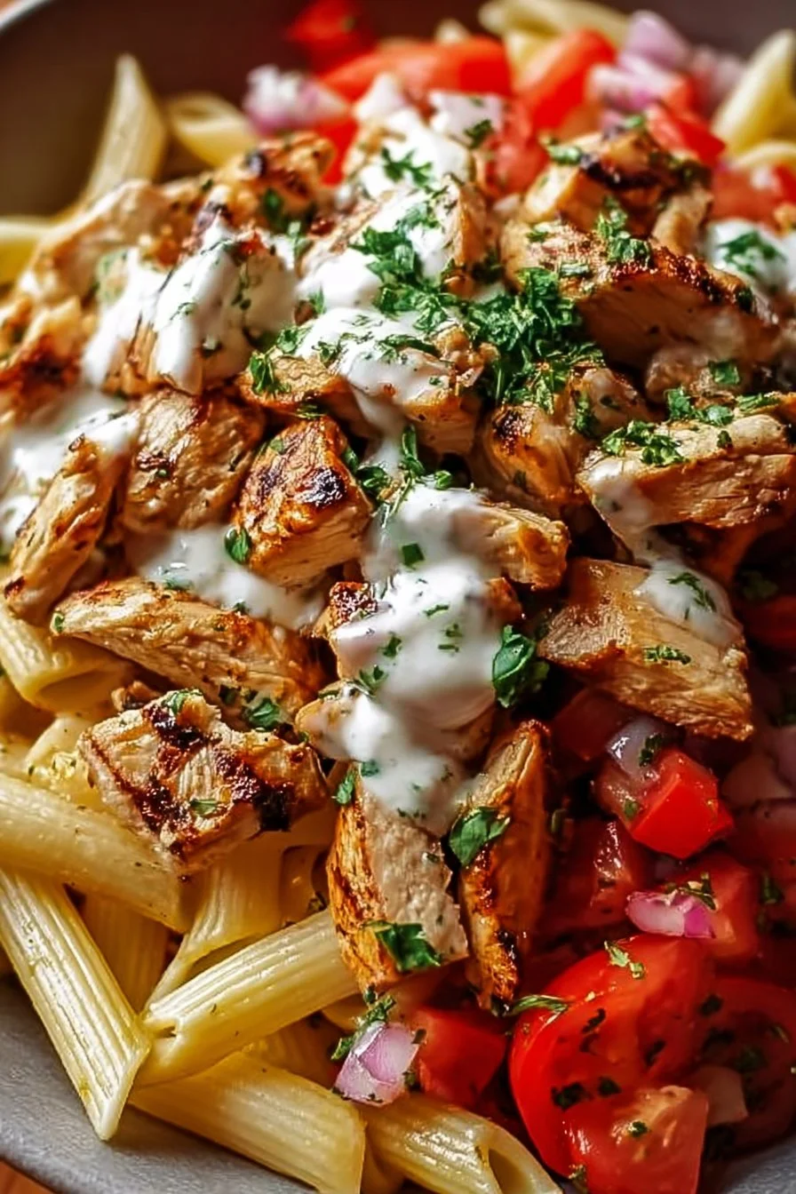 Delicious Greek Chicken Gyro Pasta served in a bowl with fresh ingredients.