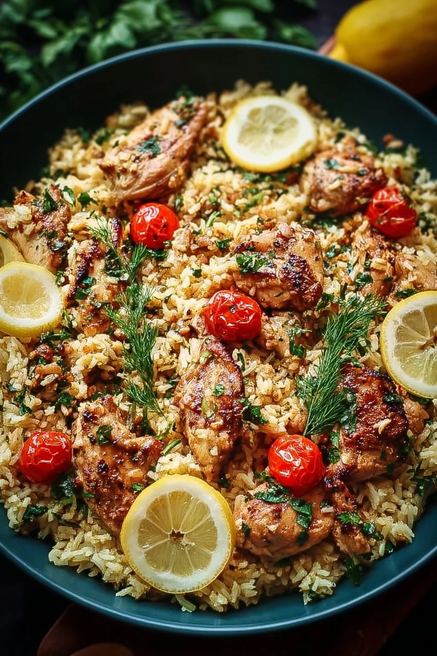 Delicious Greek chicken served with lemon-flavored rice