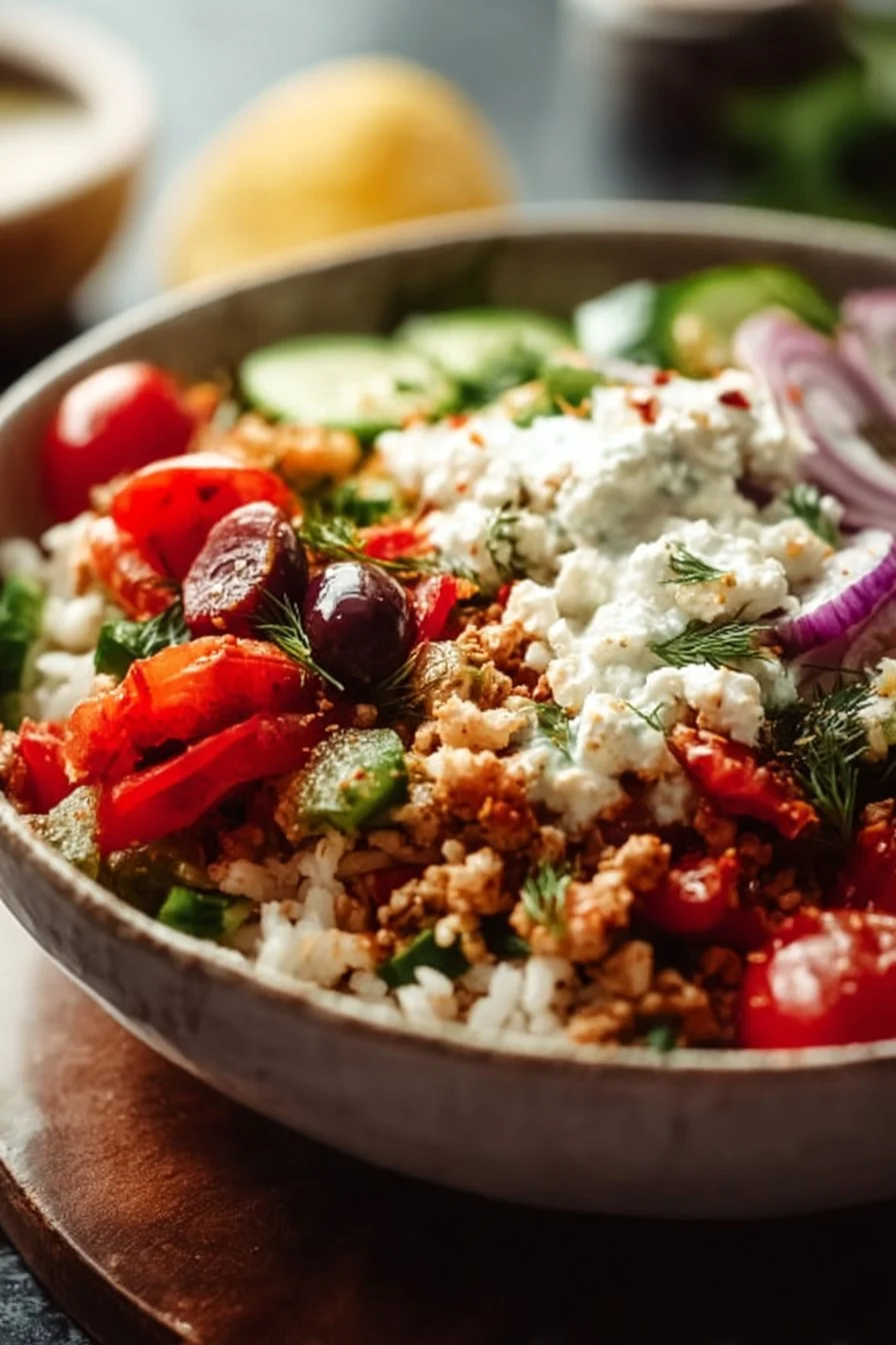 Greek Turkey Rice Bowls 3 A bowl of Greek Turkey Rice with fresh vegetables and herbs