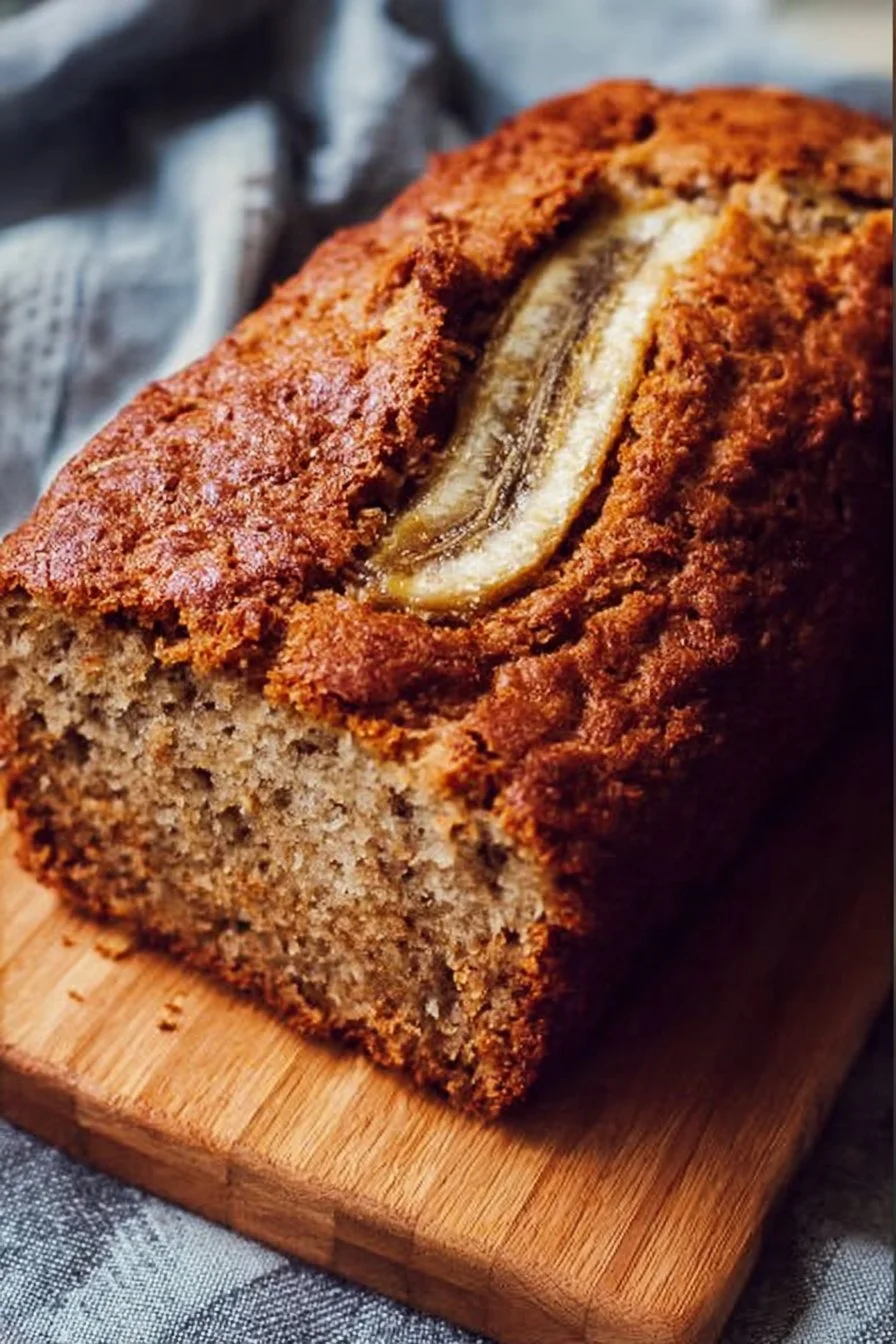 Slice of Greek yogurt banana bread with walnuts and banana slices on a plate
