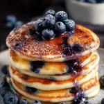 Greek Yogurt Blueberry Pancakes stacked on a plate with syrup and blueberries