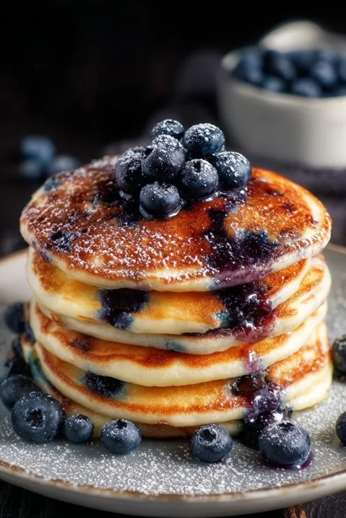 Greek Yogurt Blueberry Pancakes stacked on a plate with syrup and blueberries