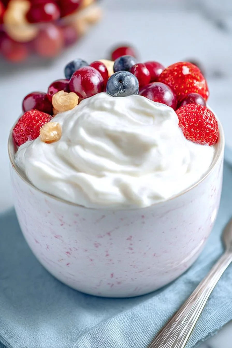 Greek yogurt bowl topped with fresh fruits, nuts, and honey