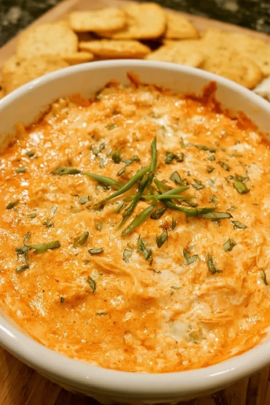 Creamy Greek Yogurt Buffalo Chicken Dip served with tortilla chips.