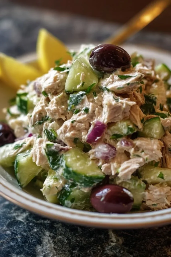 Delicious Greek Yogurt Tuna Salad in a bowl with fresh ingredients