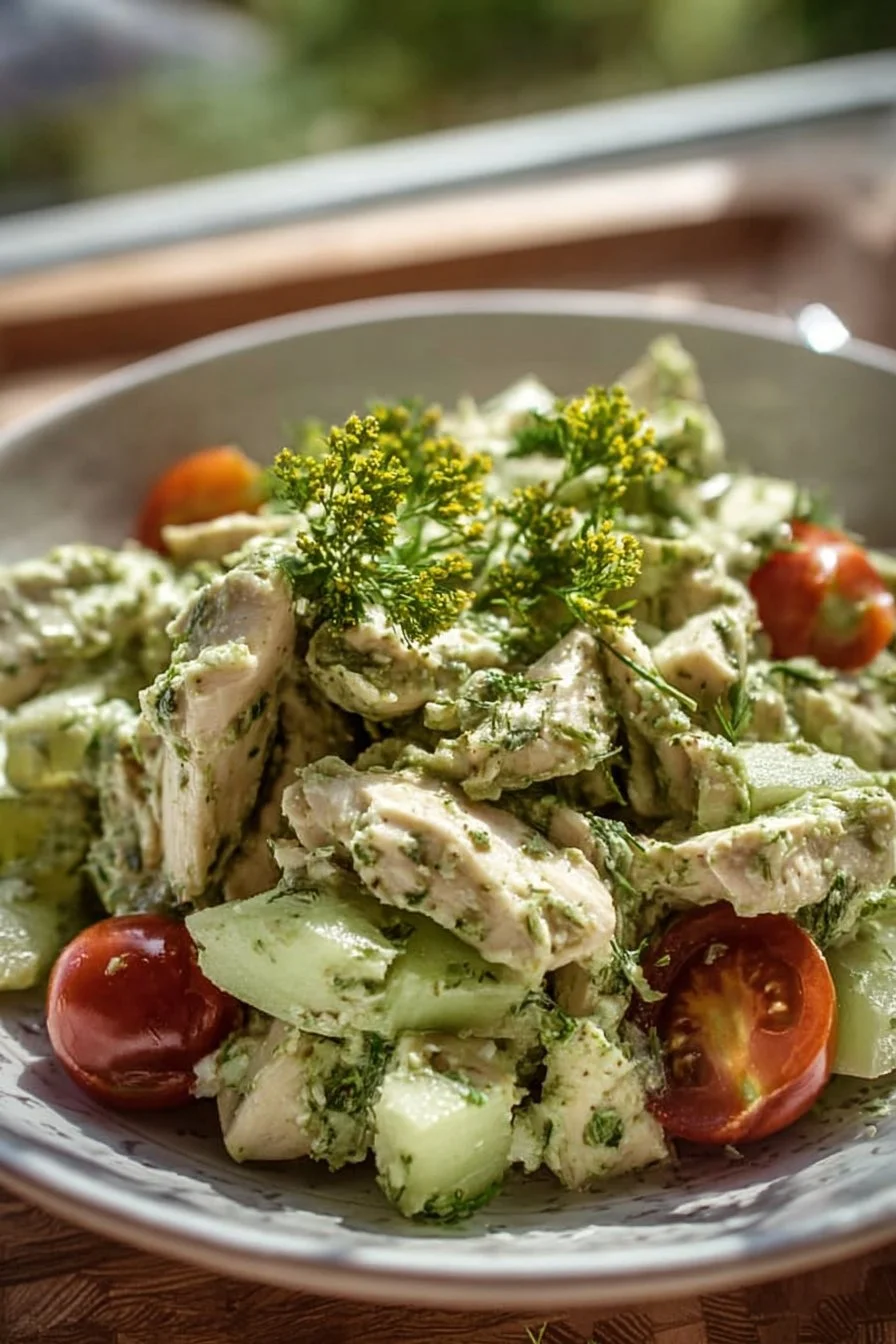Healthy Green Goddess Chicken Salad with fresh ingredients and vibrant dressing.