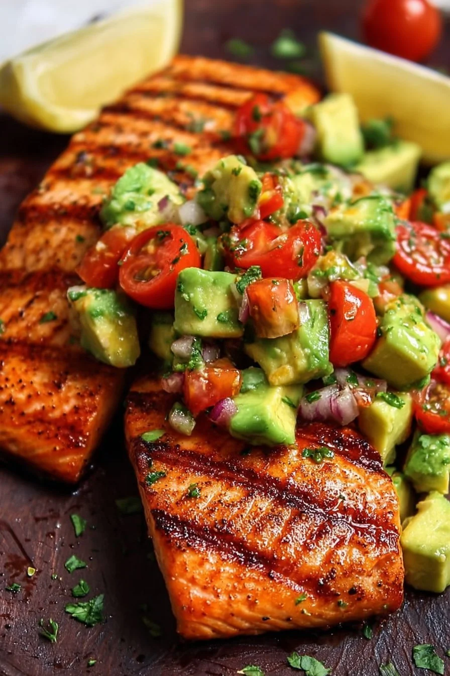 Grilled salmon fillet topped with fresh avocado salsa on a white plate