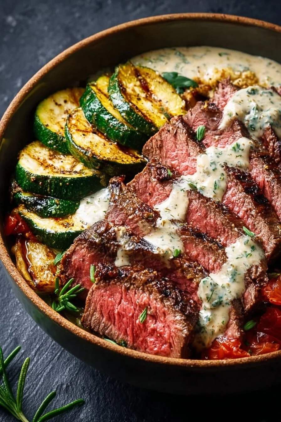 Grilled steak bowl with smoky zucchini and creamy herb sauce served in a bowl