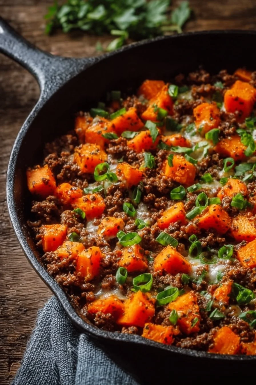 Ground Beef and Sweet Potato Skillet dish garnished and served in a skillet