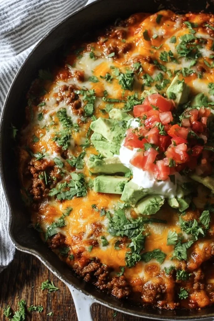 Ground Beef Enchilada Skillet topped with cheese and fresh ingredients