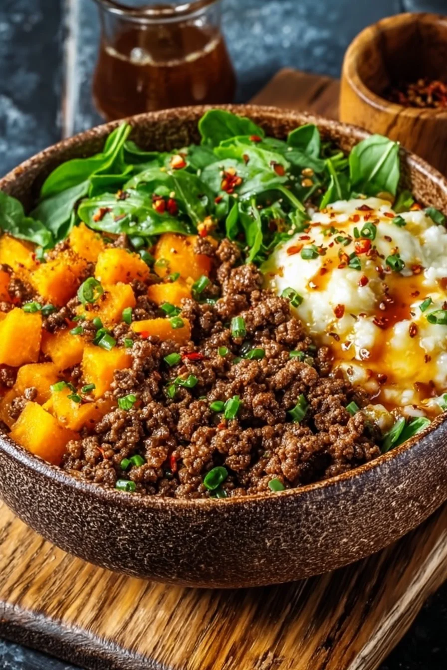 Ground Beef Hot Honey Bowl served in a colorful dish