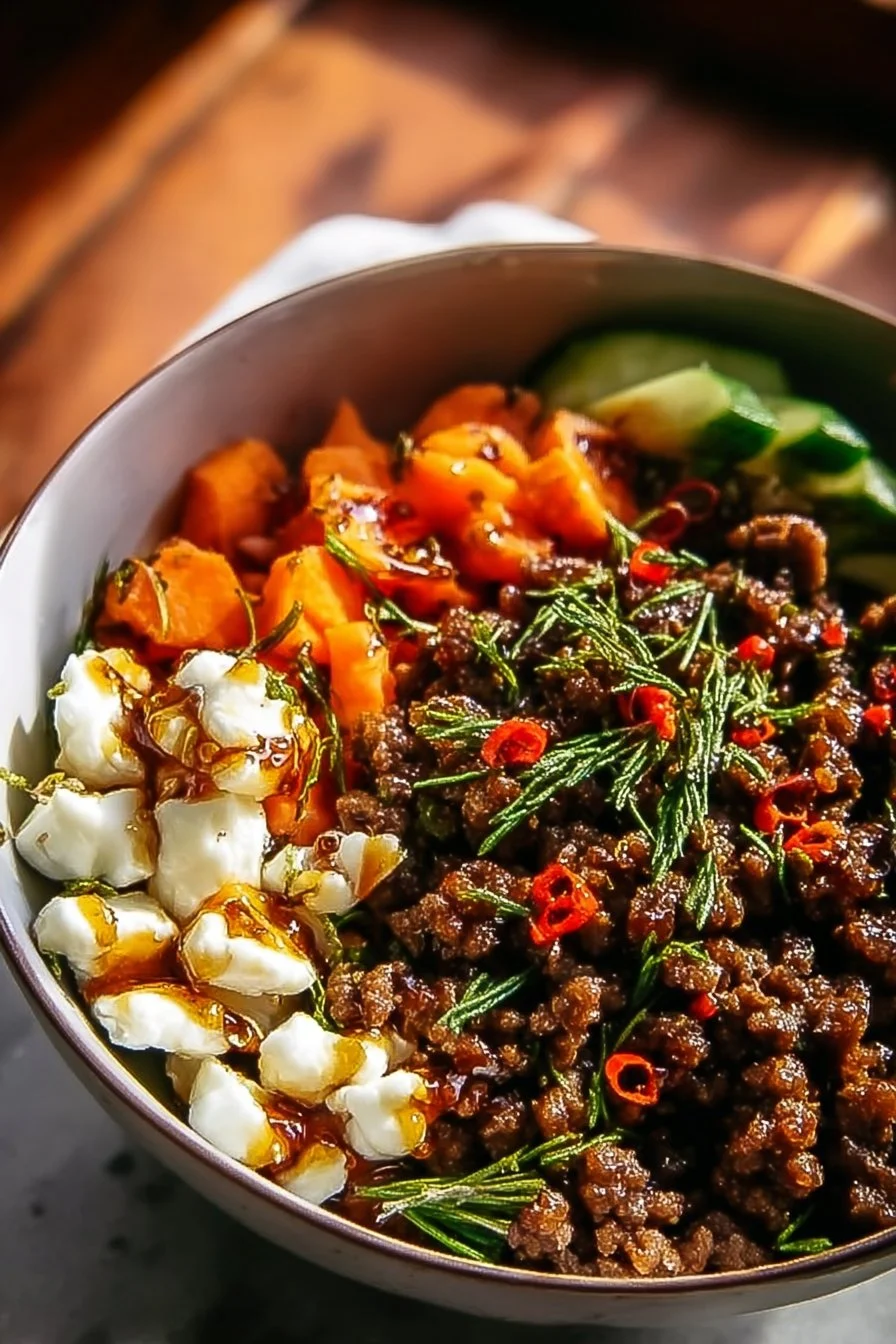 Delicious Ground Beef Hot Honey Bowl with vibrant toppings