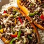 Ground Beef Philly Cheesesteak sandwich with melted cheese and peppers