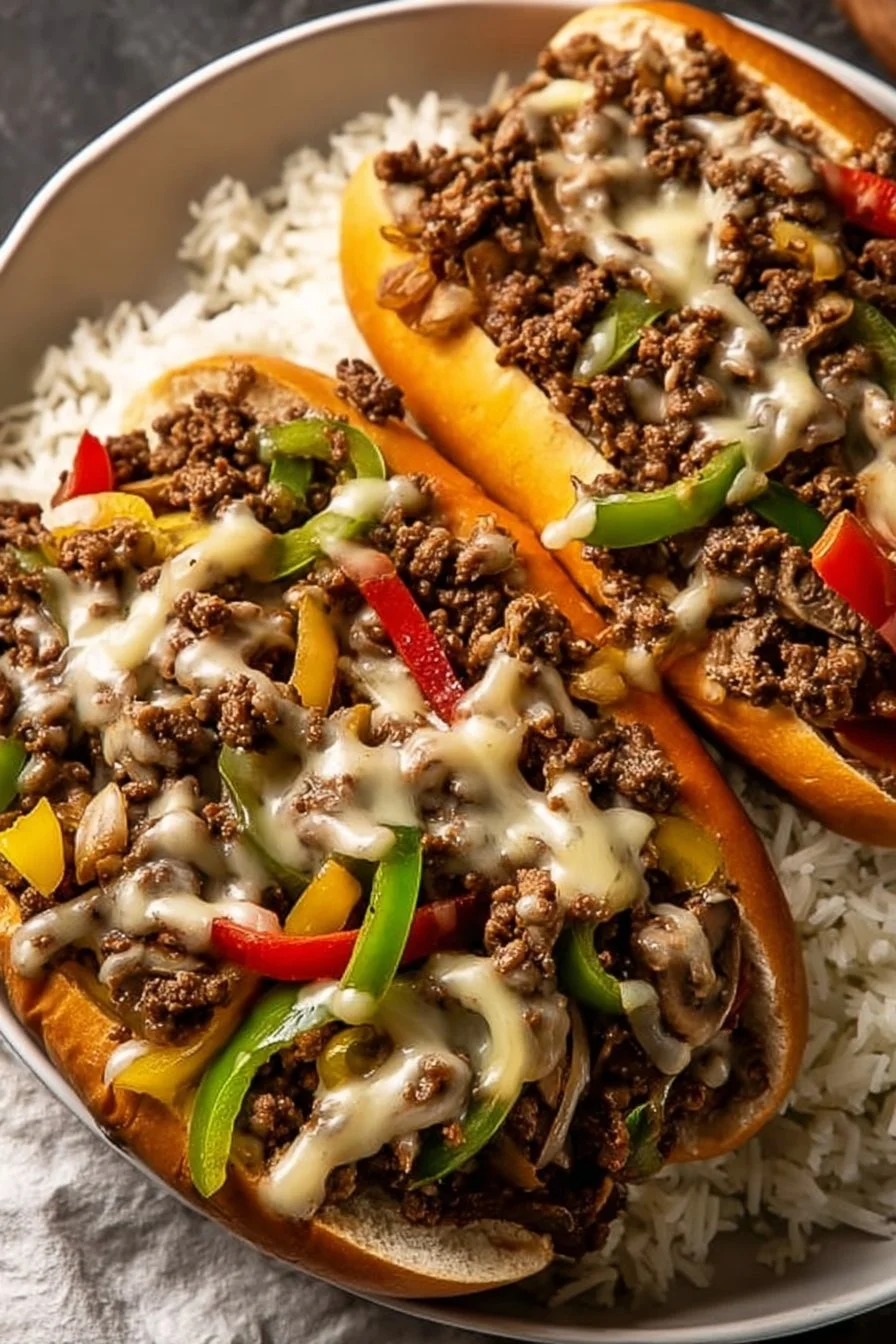Ground Beef Philly Cheesesteak sandwich with melted cheese and peppers