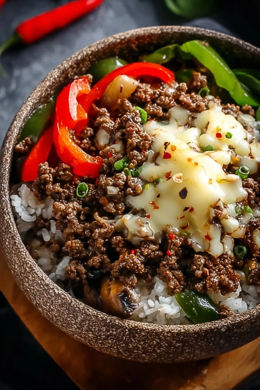 Ground Beef Philly Cheesesteak Bowl 3 Delicious Ground Beef Philly Cheesesteak Bowl garnished with peppers and cheese.