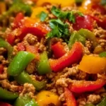 Ground turkey and peppers sautéed in a skillet for a tasty meal.