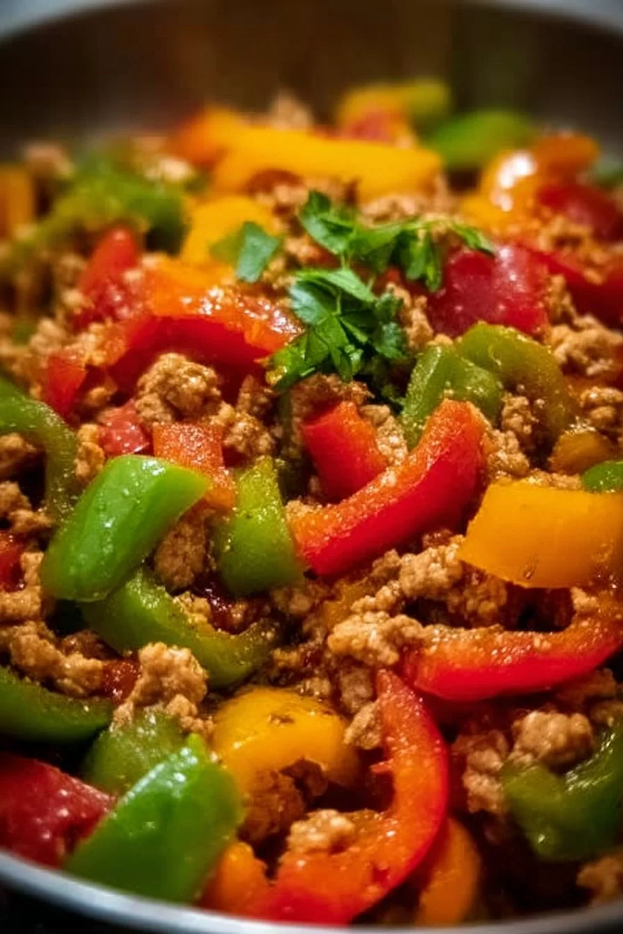 Ground turkey and peppers sautéed in a skillet for a tasty meal.