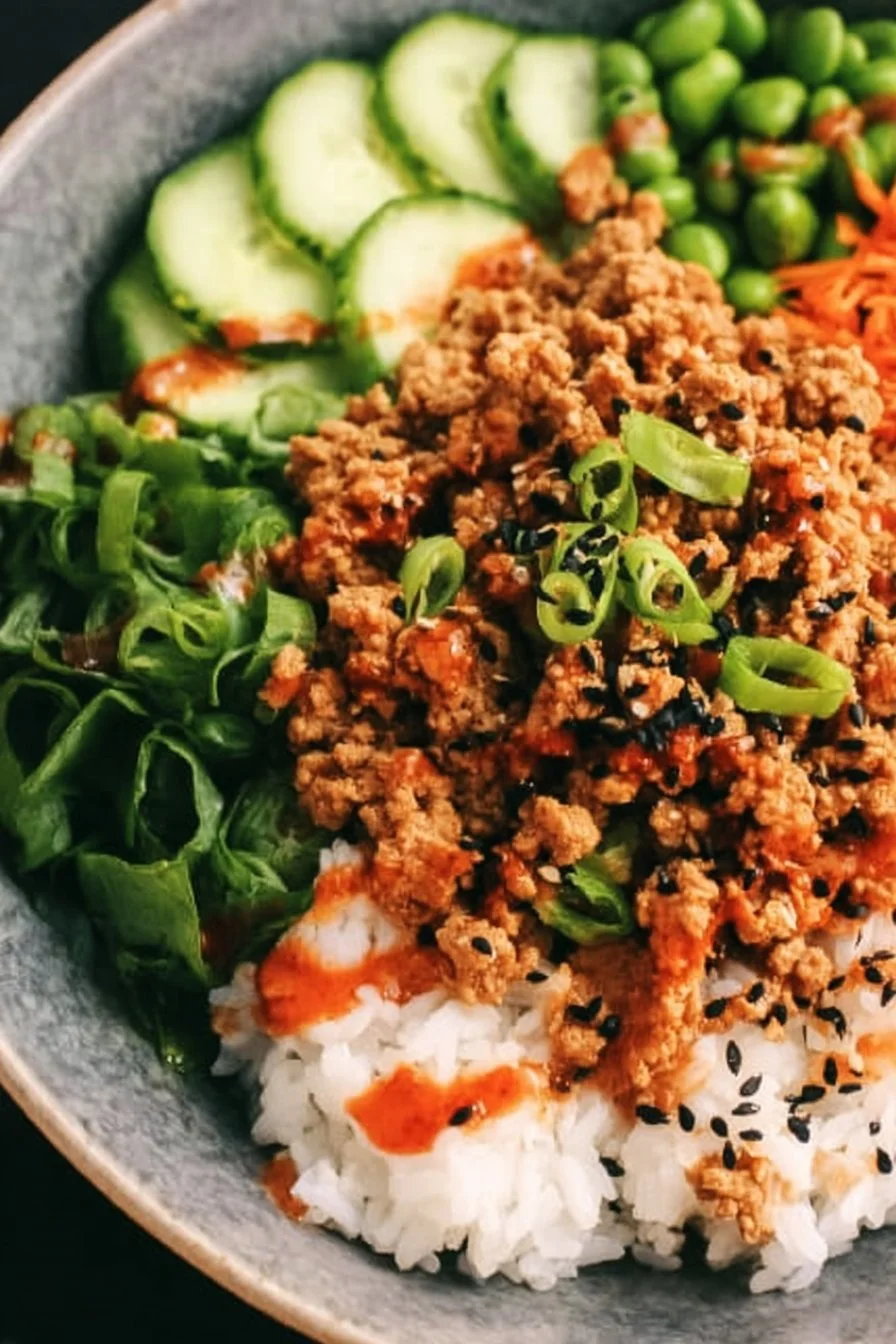 Healthy ground turkey rice bowl with vegetables and spices
