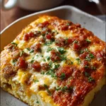 A delicious, hearty breakfast casserole with eggs, cheese, and veggies baked in a dish