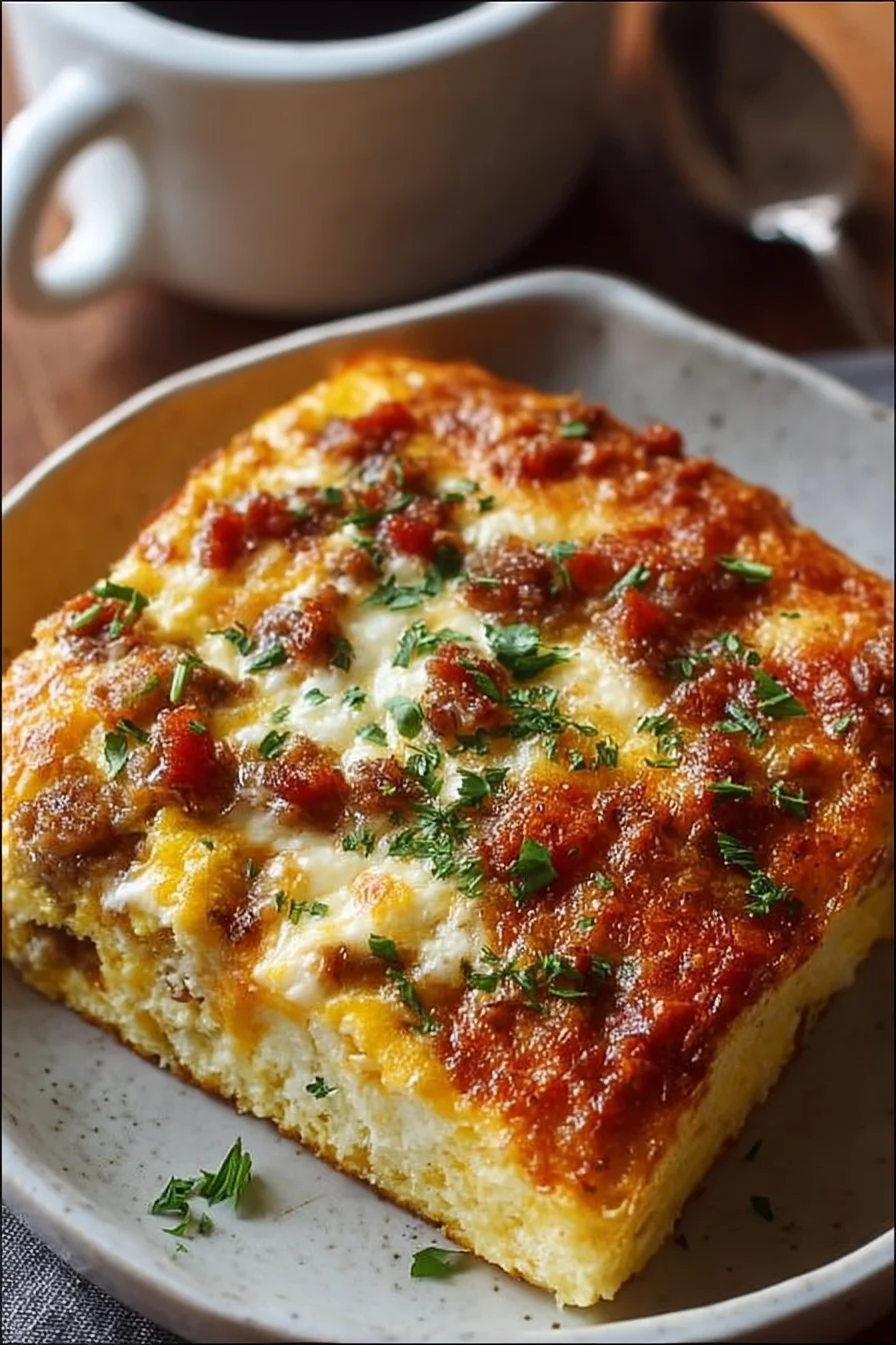 A delicious, hearty breakfast casserole with eggs, cheese, and veggies baked in a dish