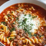 Bowl of hearty lasagna soup topped with cheese and fresh herbs.