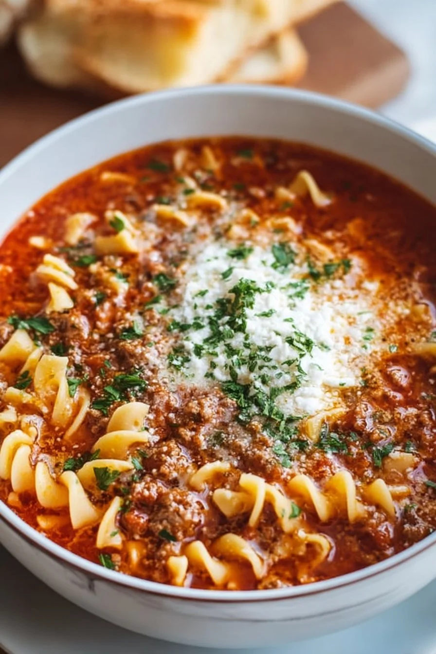 Hearty Lasagna Soup 3 Bowl of hearty lasagna soup topped with cheese and fresh herbs.