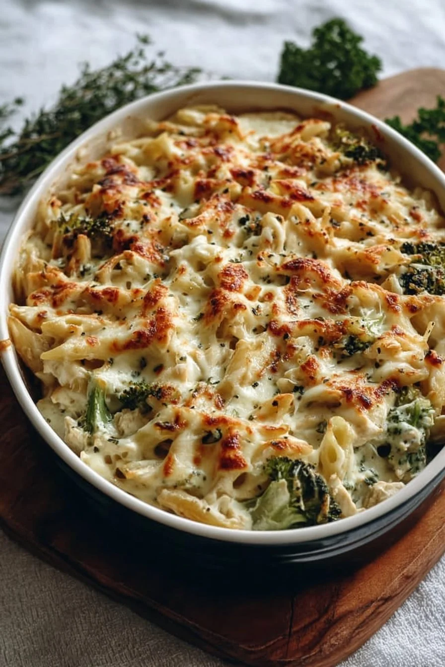 High protein Alfredo Bake with creamy sauce and pasta in a baking dish