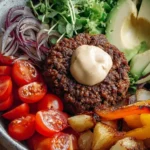 High-Protein Burger Bowl with fresh ingredients and rich flavors
