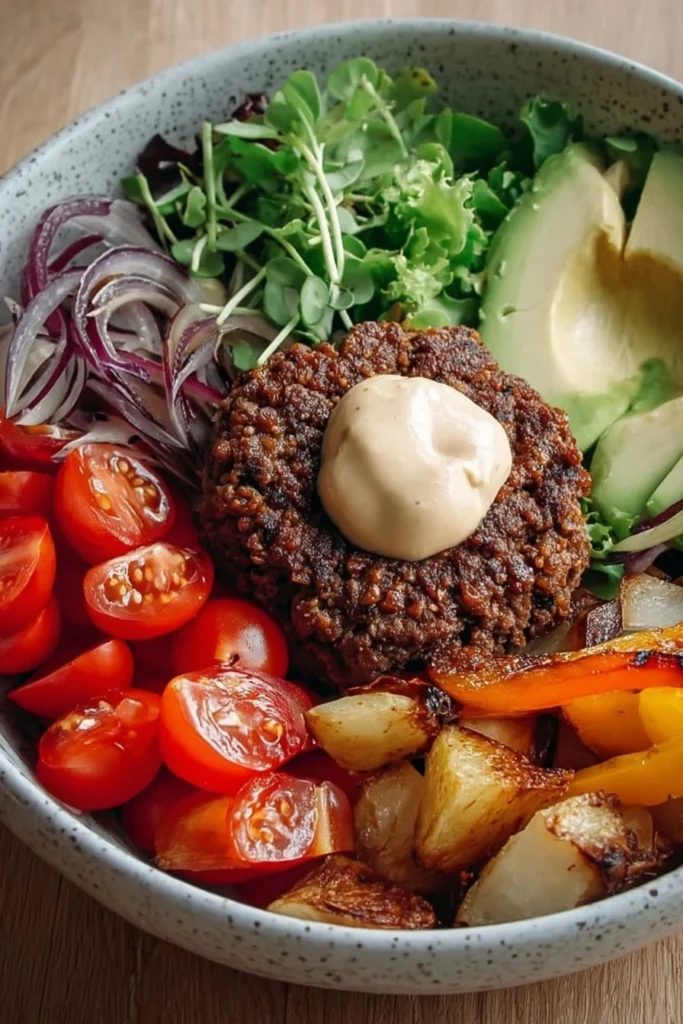 High-Protein Burger Bowl with fresh ingredients and rich flavors