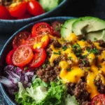 High-protein cheeseburger bowls with fresh ingredients