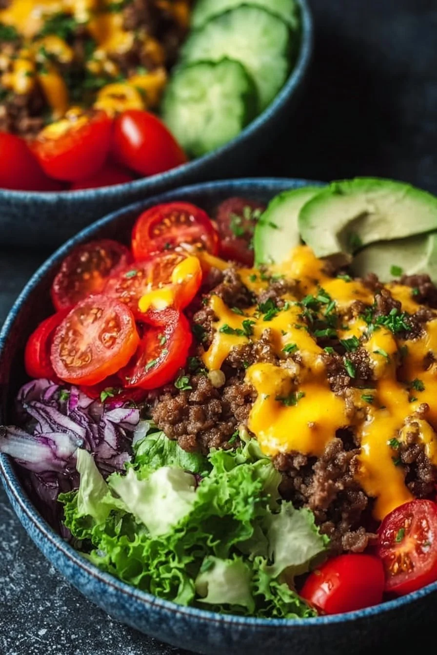 High-protein cheeseburger bowls with fresh ingredients