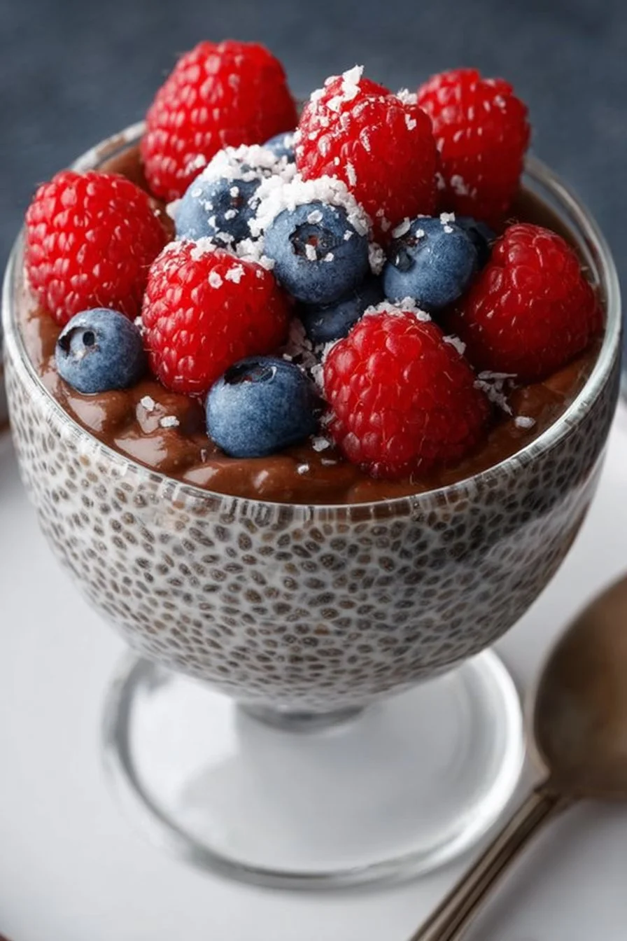 High protein chia pudding topped with fresh fruits and nuts.